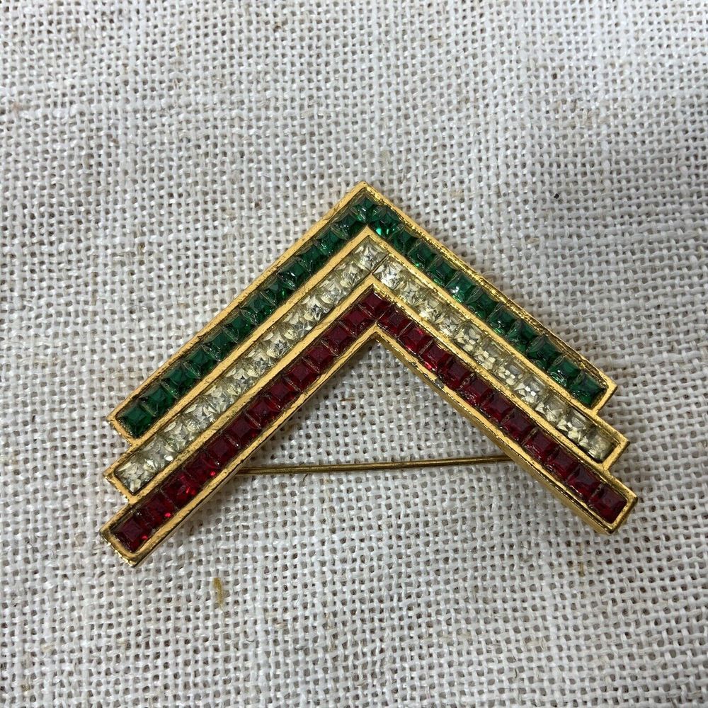 KJL Kenneth Lane Channel-Set Square Red Green Clear Crystal Rhinestone V‎ Brooch